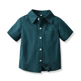 4PCS Boys Outfit Green Plaid Shirt and Red Suspender Shorts Dress Up