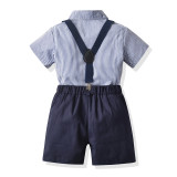 4PCS Boys Outfit Short Sleeve Blue Shirt and Suspender Shorts Dress Up