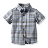 4PCS Boys Outfit Short Sleeve Plaid Shirt and Suspender Black Shorts Dress Up