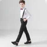 4PCS Boys Outfit Long Sleeve Shirt and Suspender Pants with Tie