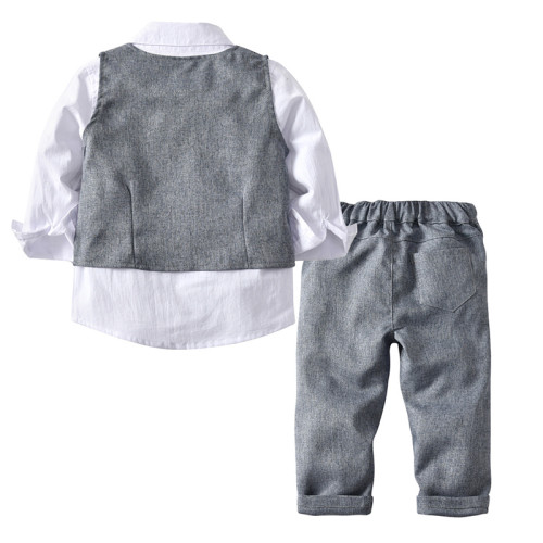 4PCS Boys Outfit Long Sleeve Shirt and Gray Vest Suit Pants Dress Up