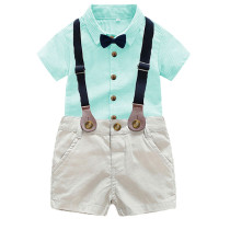4PCS Boys Outfit Short Sleeve Shirt and Beige Suspender Shorts Dress Up