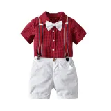 4PCS Boys Outfit Red Plaid Short Sleeve Shirts and White Suspender Shorts Dress Up