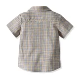4PCS Boys Outfit Khaki Plaid Short Sleeve Shirt and Suit Shorts Dress Up