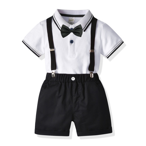 4PCS Boys Outfit Ploll Short Sleeve Shirts and Suspender Shorts Dress Up