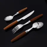 4 Pieces Wooden Handle Set Smooth Edge Stainless Steel Tableware Includes Dinner Forks Knives Spoons