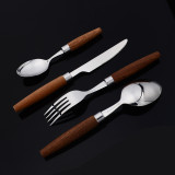 4 Pieces Wooden Handle Set Smooth Edge Stainless Steel Tableware Includes Dinner Forks Knives Spoons