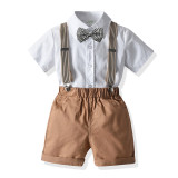 3PCS Boys Outfit Short Sleeve Shirt and Suspender Shorts Dress Up