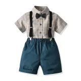 4PCS Boys Outfit Khaki Plaid Short Sleeve Shirt and Suit Shorts Dress Up