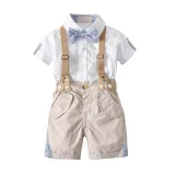 4PCS Boys Outfit White Shirts and Apricot Suspender Shorts Dress Up