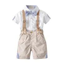 4PCS Boys Outfit White Shirts and Apricot Suspender Shorts Dress Up