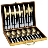 24 Piece Smooth Edge Stainless Steel Tableware Includes Dinner Forks Knives Spoons Gold Box