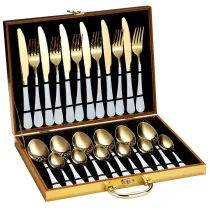 24 Piece Smooth Edge Stainless Steel Tableware Includes Dinner Forks Knives Spoons Gold Box