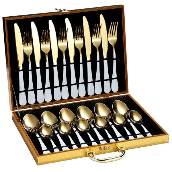 24 Piece Smooth Edge Stainless Steel Tableware Includes Dinner Forks Knives Spoons Gold Box