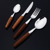 4 Pieces Wooden Handle Set Smooth Edge Stainless Steel Tableware Includes Dinner Forks Knives Spoons