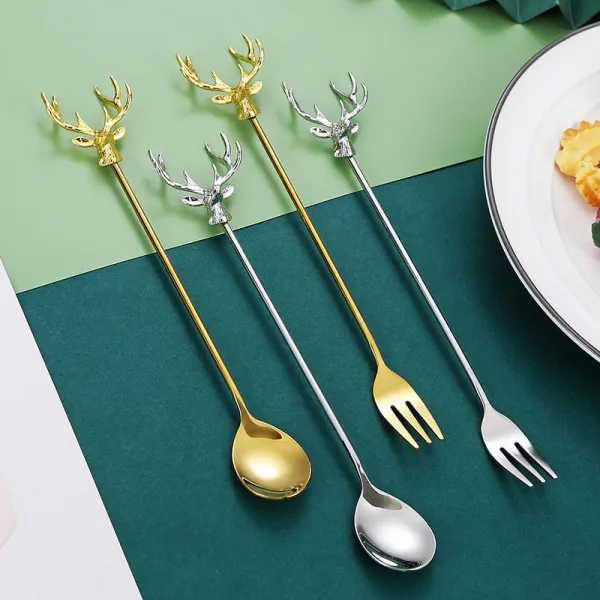 Christmas Elk Deer Spoon 2 Piece Smooth Edge Stainless Steel Tableware Includes Dinner Forks Knives Spoons