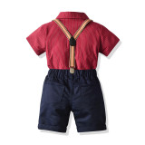 3PCS Boys Outfit Red Short Sleeve Shirt and Suspender Shorts Dress Up