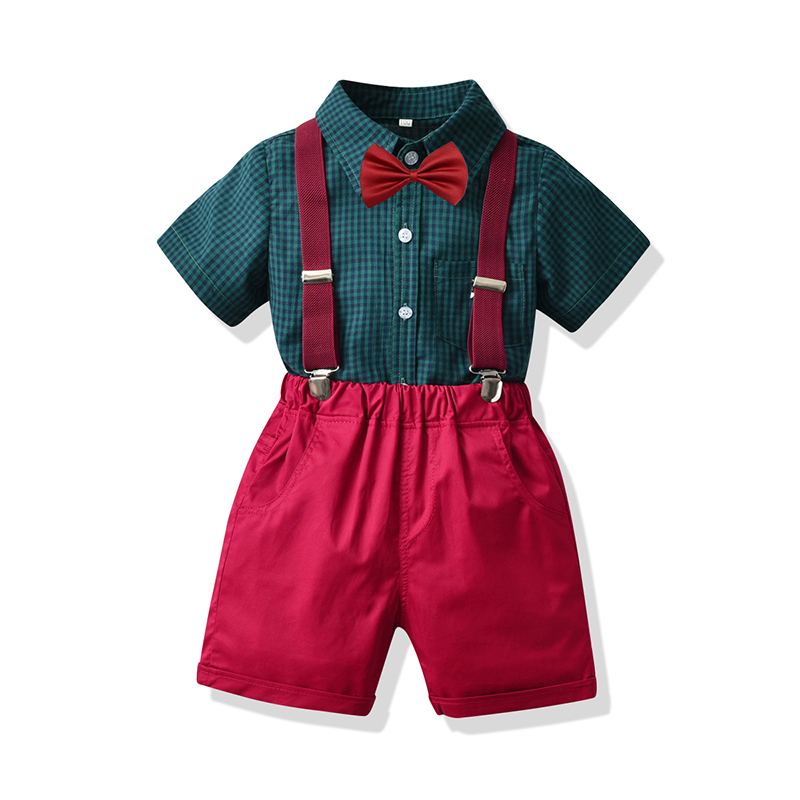 4PCS Boys Outfit Green Plaid Shirt and Red Suspender Shorts Dress Up