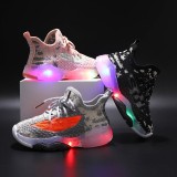 LED Light Kids Mesh Breathable Letters Flying Weaving Sneakers Shoes