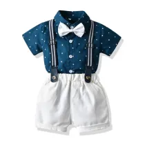 4PCS Boys Outfit Polka Dots Short Sleeve Shirt and Suspender Shorts Dress Up