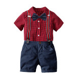 4PCS Boys Outfit Red Plaid Short Sleeve Shirts and White Suspender Shorts Dress Up