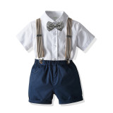 3PCS Boys Outfit Short Sleeve Shirt and Suspender Shorts Dress Up