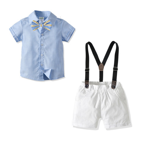 4PCS Boys Outfit Long Sleeve Shirts and Suspender Pants Dress Up