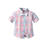 4PCS Boys Outfit Pink Plaid Shirts and Suspender Shorts Dress Up