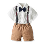 4PCS Boys Outfit Short Sleeve Shirts and Khaki Suspender Shorts Dress Up