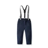 4PCS Boys Outfit Navy Plaid Shirt and Suspender Pants Dress Up