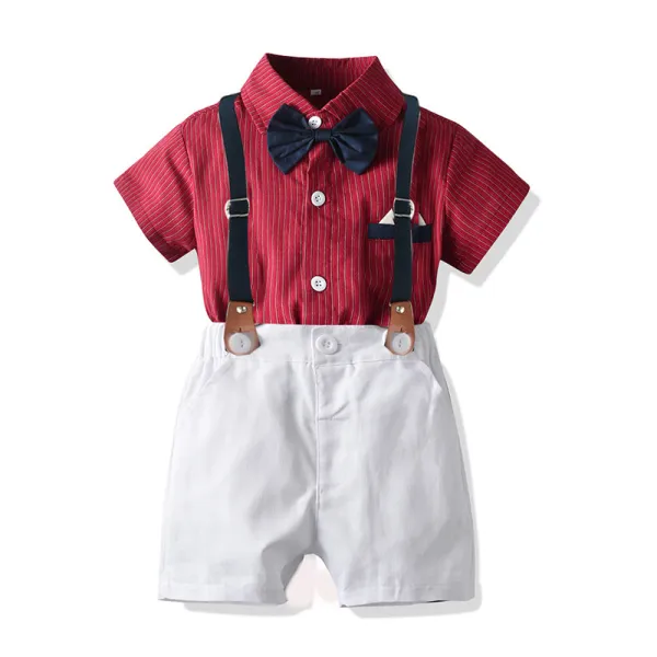4PCS Boys Outfit Red Short Sleeve Shirts and White Suspender Shorts Dress Up