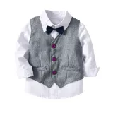 4PCS Boys Outfit Long Sleeve Shirt and Gray Vest Suit Pants Dress Up