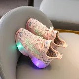 LED Light Kids Mesh Breathable Letters Flying Weaving Sneakers Shoes