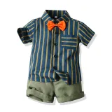 4PCS Boys Outfit Green Short Sleeve Shirt and Suspender Shorts with Tie