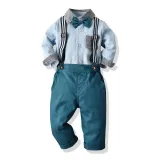 4PCS Boys Blue Outfit Short Sleeve Shirt and Suspender Shorts Dress Up