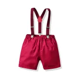 4PCS Boys Outfit Green Plaid Shirt and Red Suspender Shorts Dress Up