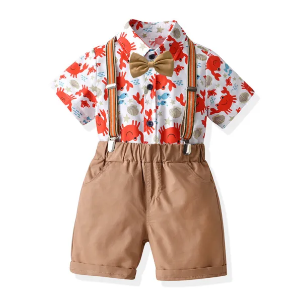 4PCS Boys Outfit Cartoon Crab Shirt and Khaki Shorts Dress Up