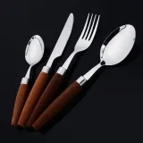 4 Pieces Wooden Handle Set Smooth Edge Stainless Steel Tableware Includes Dinner Forks Knives Spoons