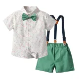 2PCS Boys Outfit Short Sleeve Shirts and Suspender Shorts with Tie