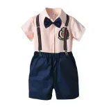 4PCS Boys Outfit Short Sleeve Shirt with Bow Tie and Suspender Shorts Dress Up