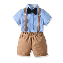 4PCS Boys Outfit Short Sleeve Shirts and Khaki Suspender Shorts Dress Up