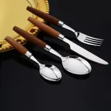 4 Pieces Wooden Handle Set Smooth Edge Stainless Steel Tableware Includes Dinner Forks Knives Spoons