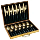 24 Piece Smooth Edge Stainless Steel Tableware Includes Dinner Forks Knives Spoons Gold Box