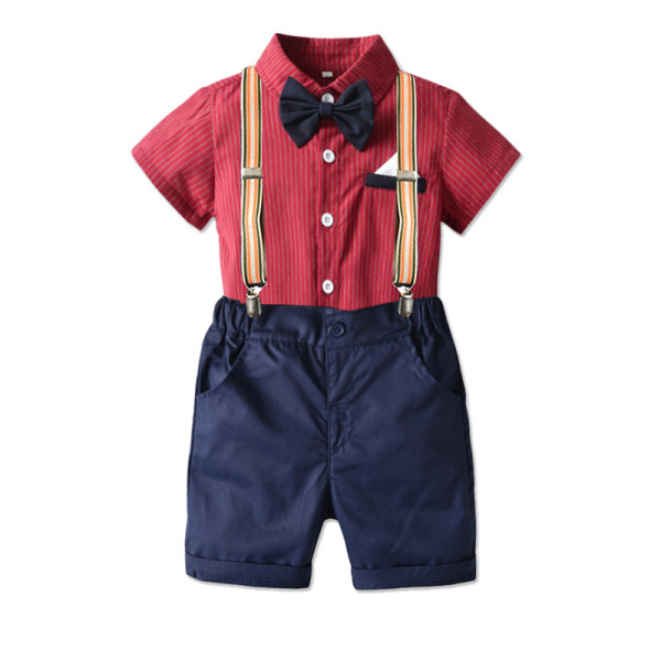 3PCS Boys Outfit Red Short Sleeve Shirt and Suspender Shorts Dress Up