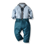 4PCS Boys Blue Outfit Short Sleeve Shirt and Suspender Shorts Dress Up