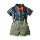 4PCS Boys Outfit Green Short Sleeve Shirt and Suspender Shorts with Tie