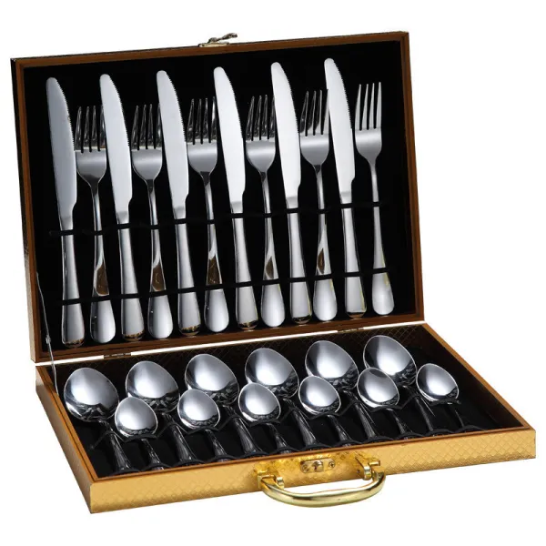 24 Piece Gold Box Smooth Edge Stainless Steel Tableware Includes Dinner Forks Knives Spoons