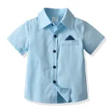 4PCS Boys Outfit Blue Short Sleeve Shirts and Black Suspender Shorts Dress Up
