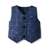 3PCS Boys Blue Plaids Outfit Long Sleeve Shirt Suit Vest and Pants Dress Up