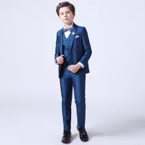 3PCS Boys Blue Outfit Suit Coat Vest and Pants with Tie Dress Up